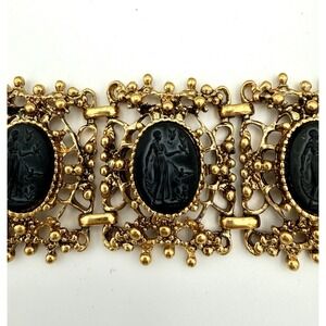 Vintage 90's Napier Black Faux Cameo 6 Section Bracelet Antique Gold Plate